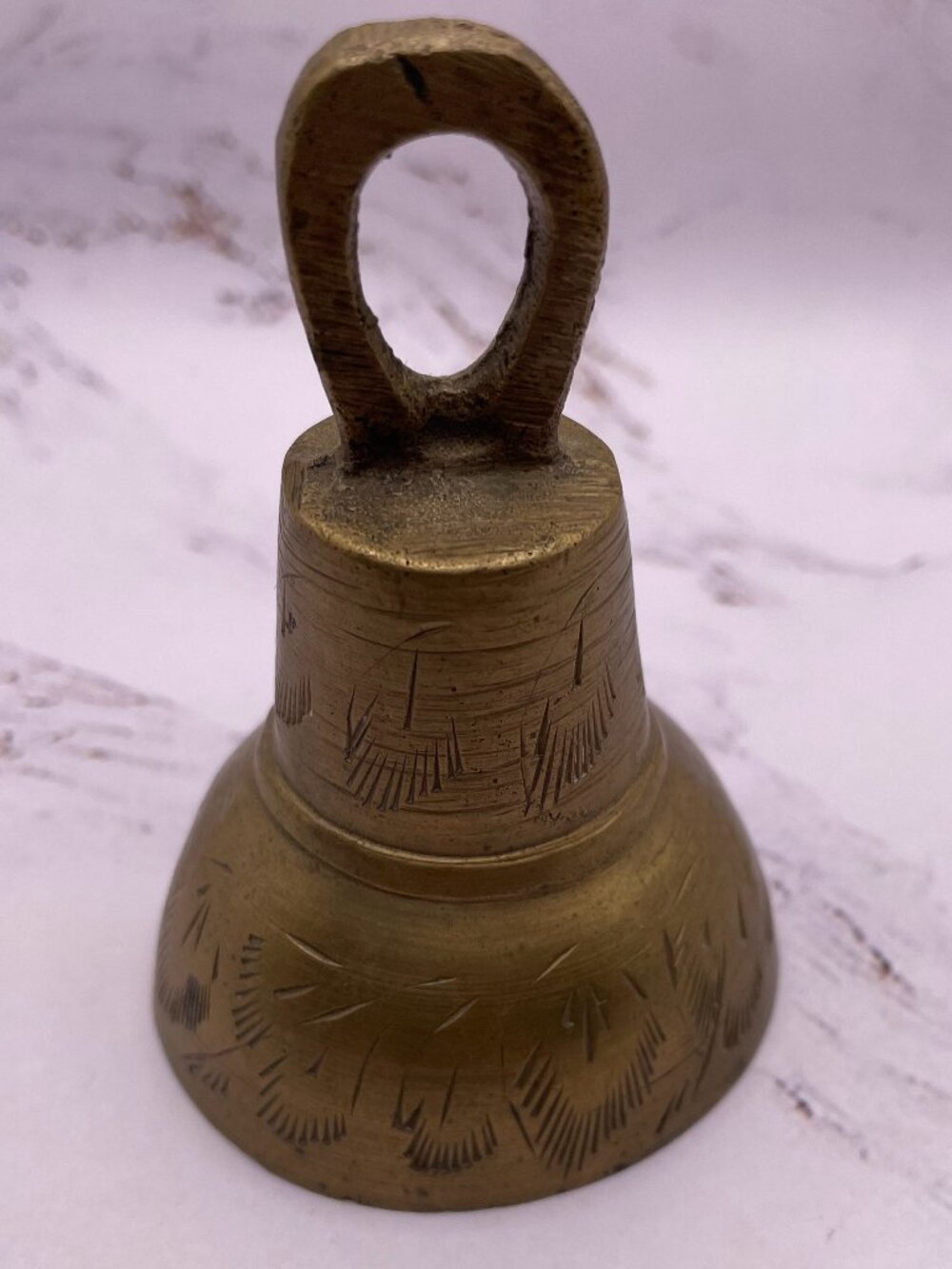 Vintage Solid Brass Bell Hand Etched Made in India Loop Handle Boho Decor